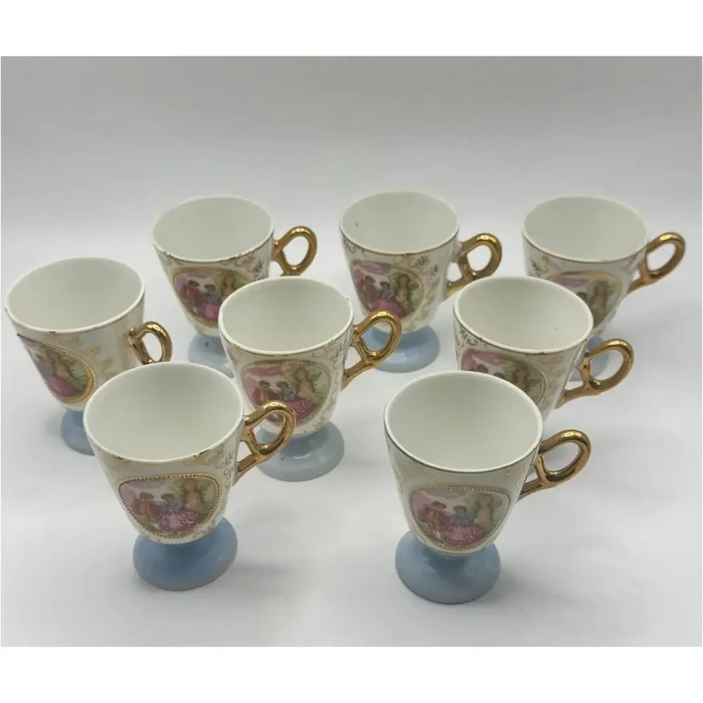 Vintage Japan Demitasse Cups Set of 8‎ Blue Gold Courting Couple Porcelain